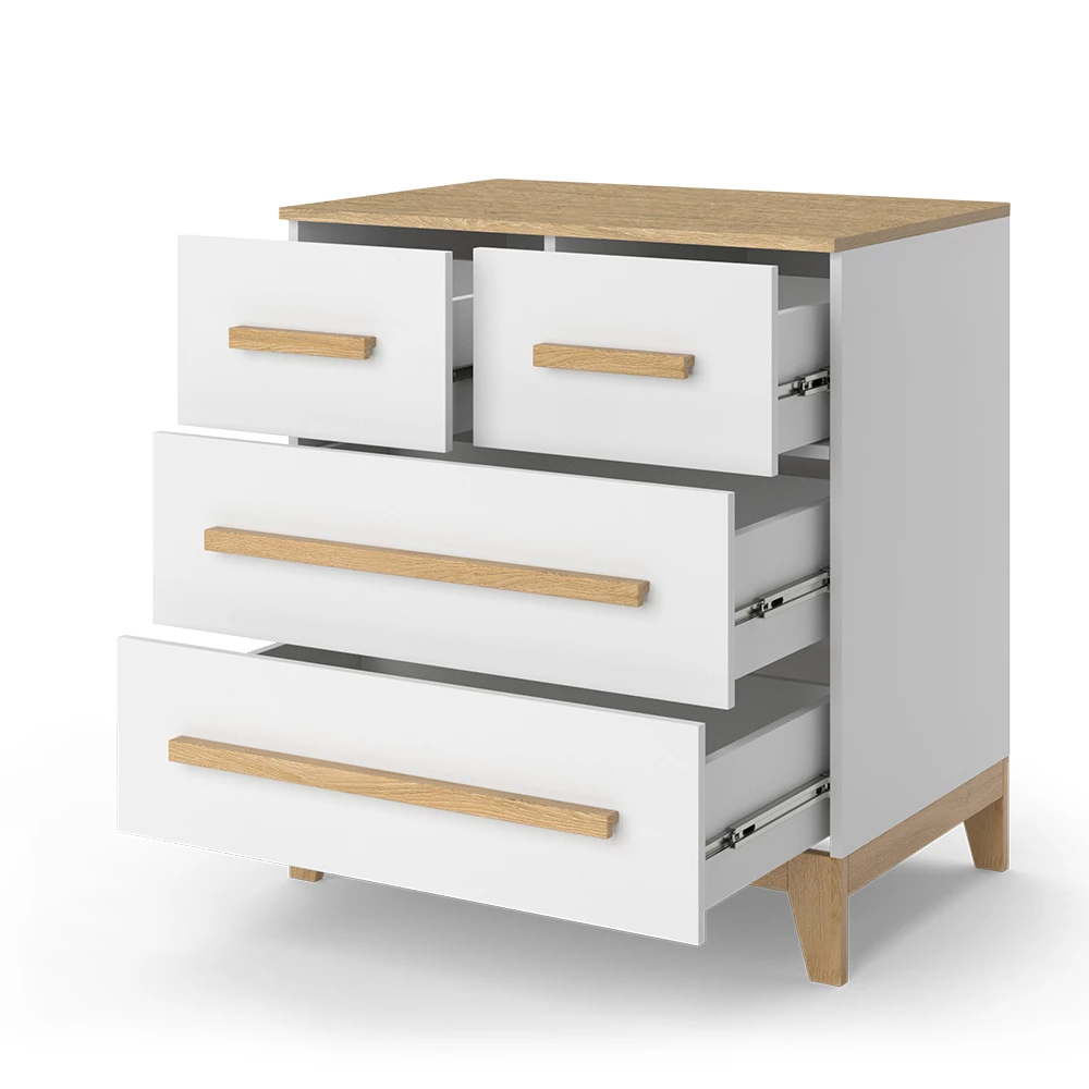 Nahaufnahme von Kommode in Weiß, zeigt Design- und Oberflächendetails