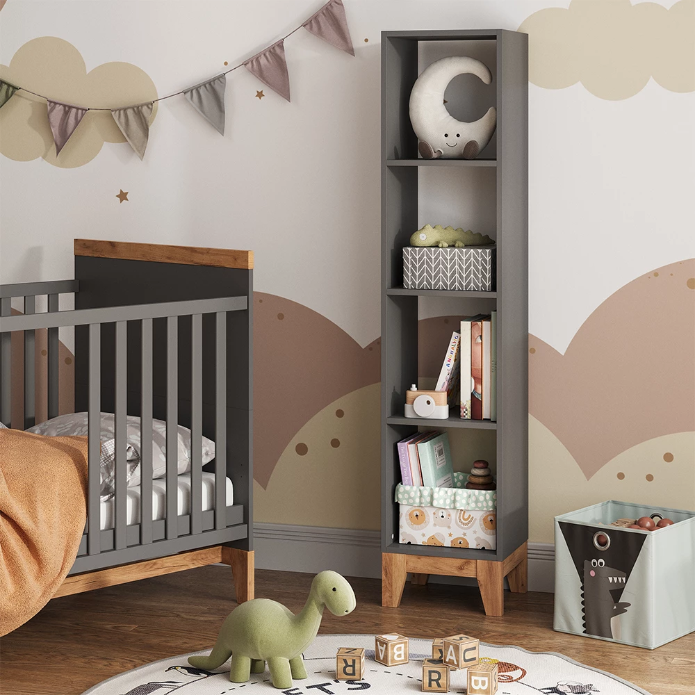 Kinderregal in Grau/Artisan, dargestellt im Ambiente mit Dekoration