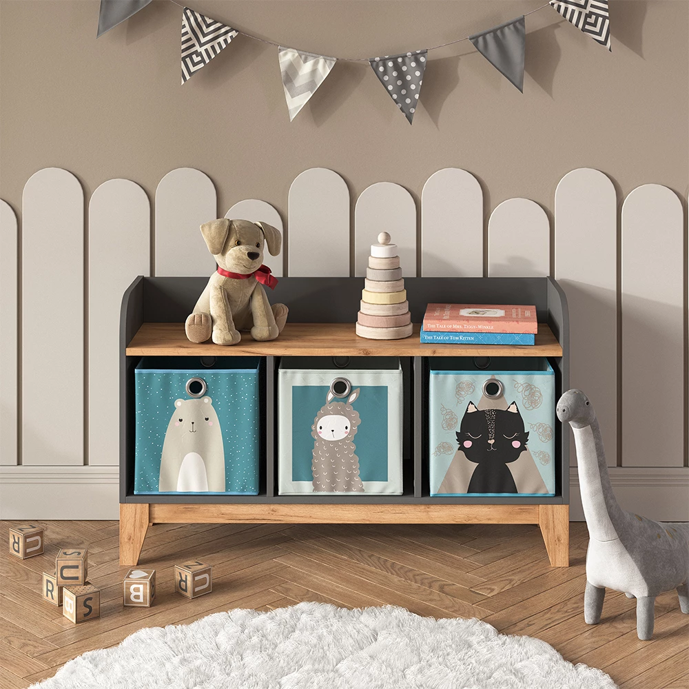 Panca per bambini in Grigio/Artisan shown in ambient setting with decoration