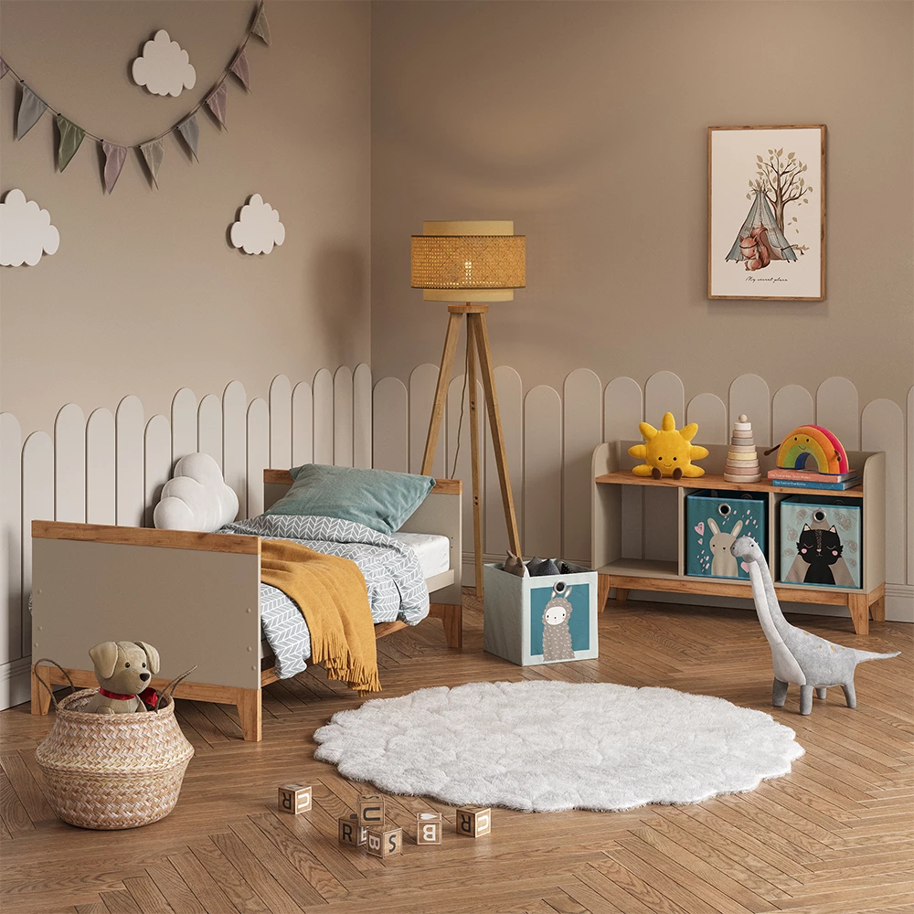 Nahaufnahme von Kindersitzbank in Cashmere/Artisan, zeigt Design- und Oberflächendetails