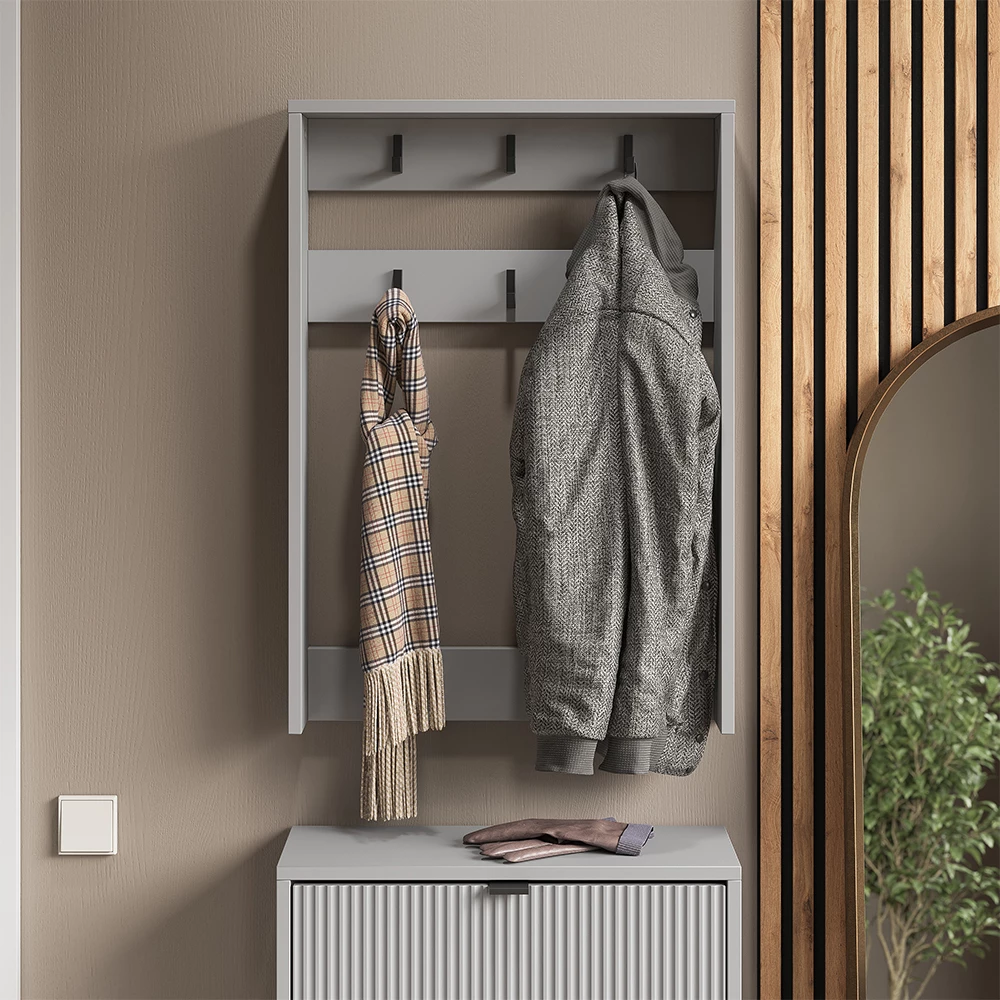 Garderobenaufsatz  in Grau, dargestellt im Ambiente mit Dekoration
