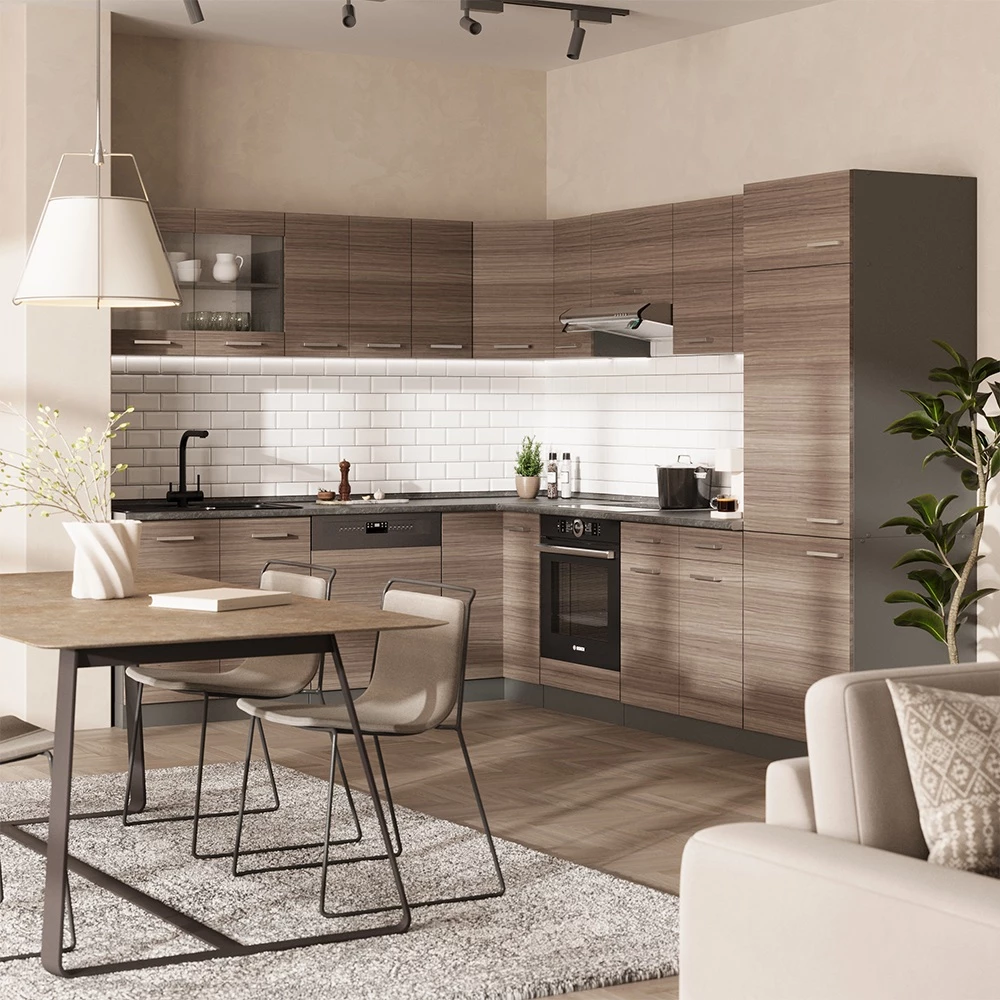 Hjørnekøkken i farven Ædelgrå/antracit på hvid baggrund