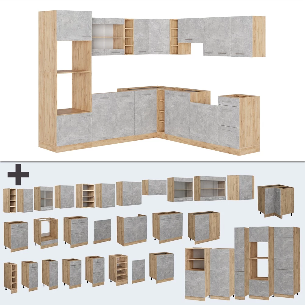 Gros plan de Cuisine en angle en Béton/force d'or Chêne, montrant le design et les détails de surface
