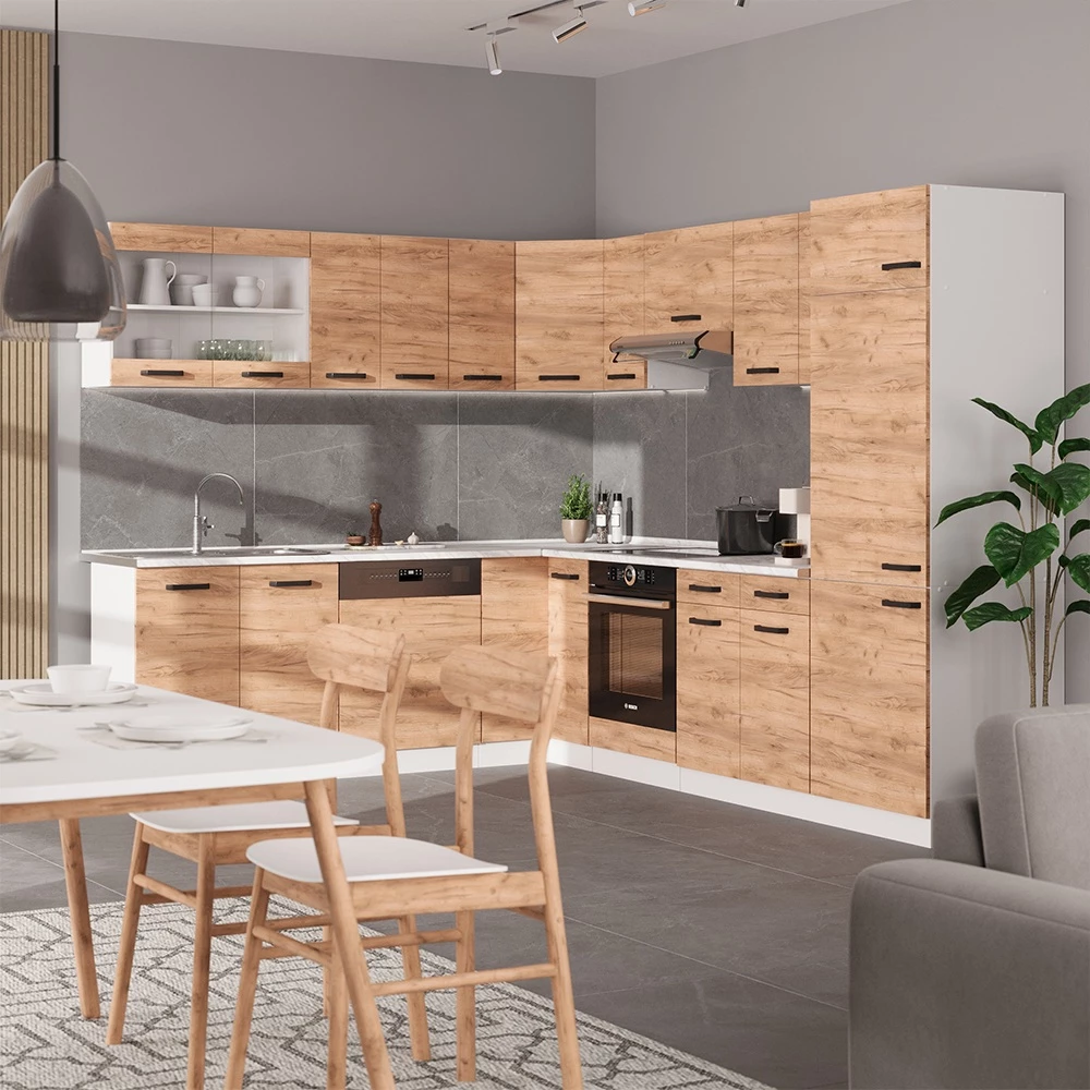 Rohová kuchyň v barvě Zlatá síla dub/bílá na bílém pozadí