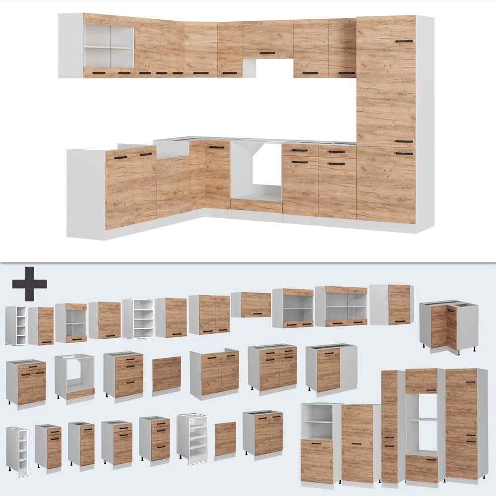 Nahaufnahme von Eckküche in Goldkraft Eiche/Weiß, zeigt Design- und Oberflächendetails