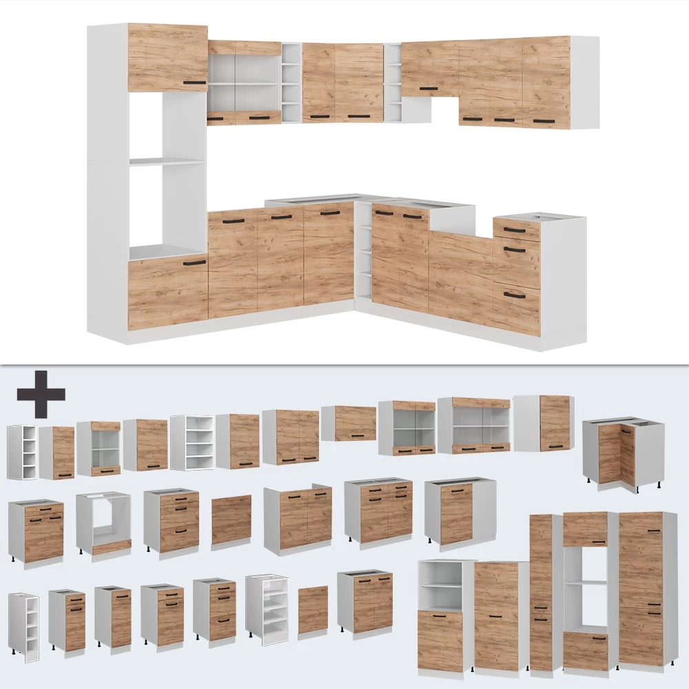 Nahaufnahme von Eckküche in Goldkraft Eiche/Weiß, zeigt Design- und Oberflächendetails