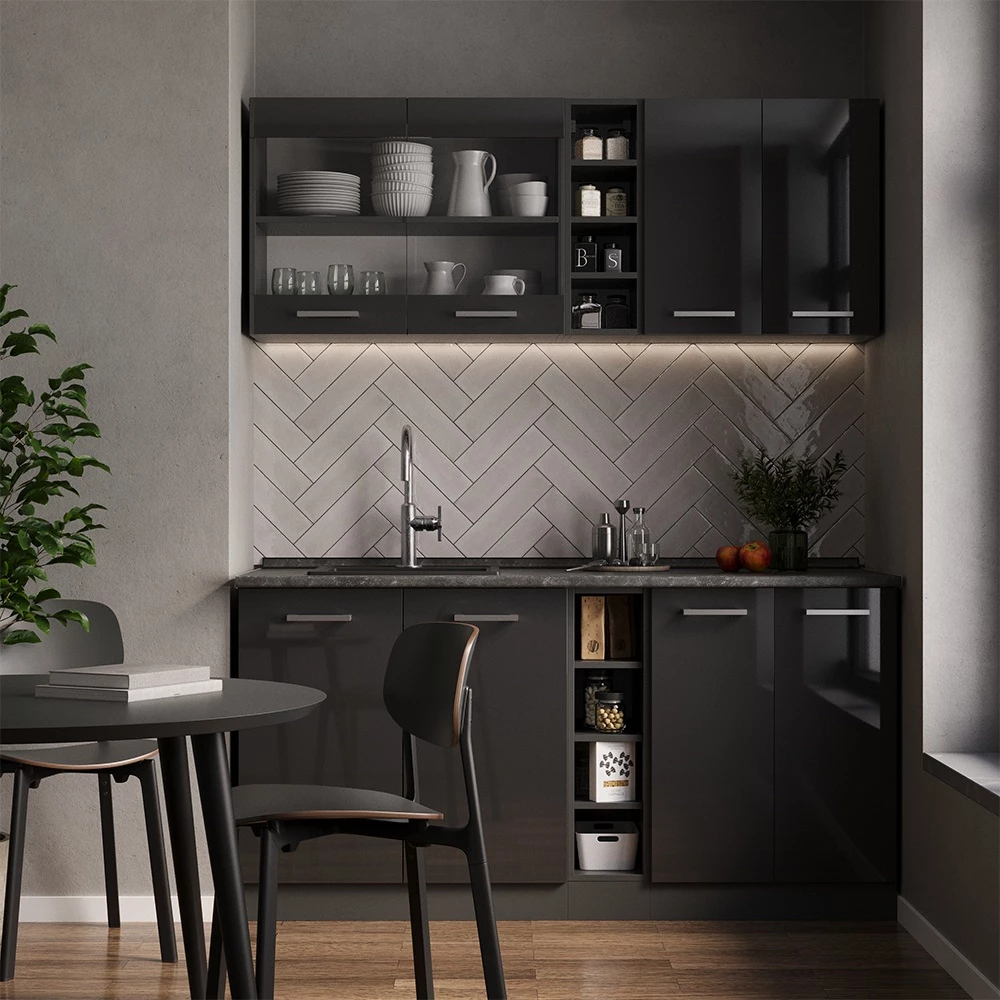 Bucătărie simplă in Antracit lucios/antracit on white background