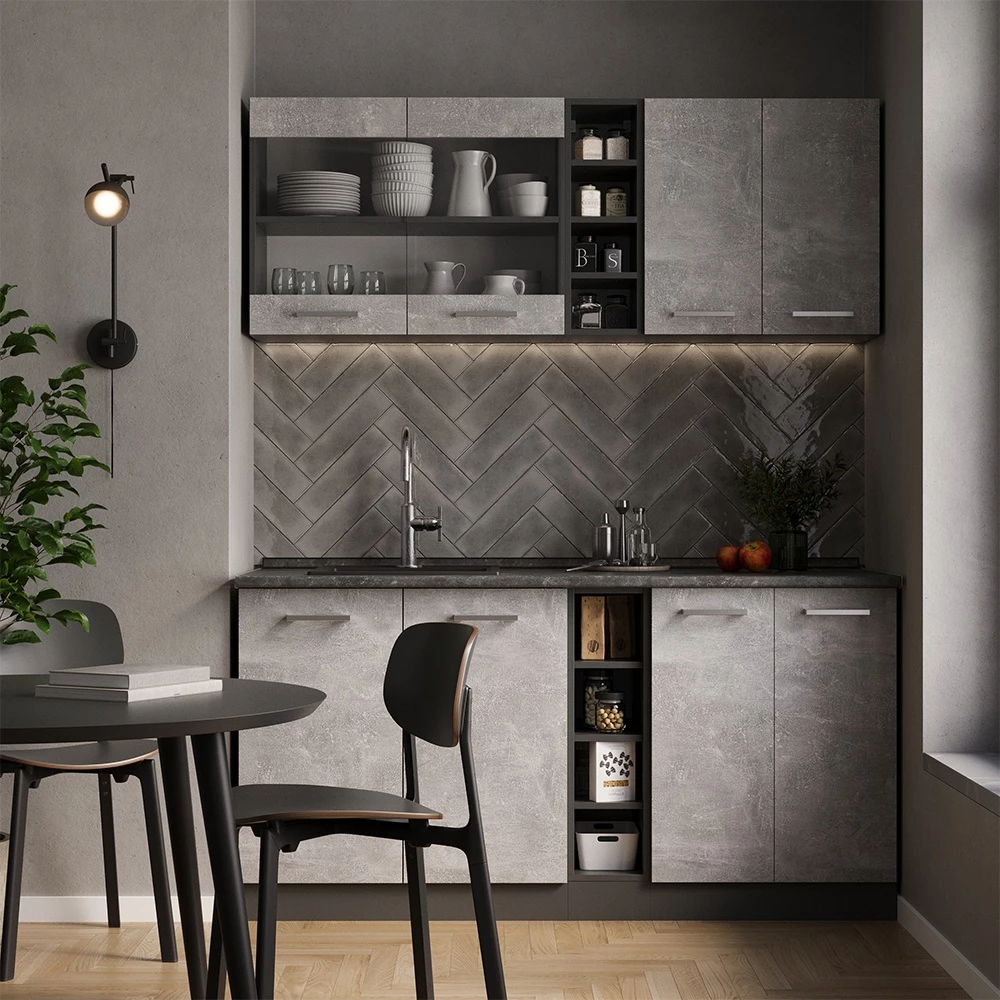 Cuisine en Béton/Anthracite sur fond blanc