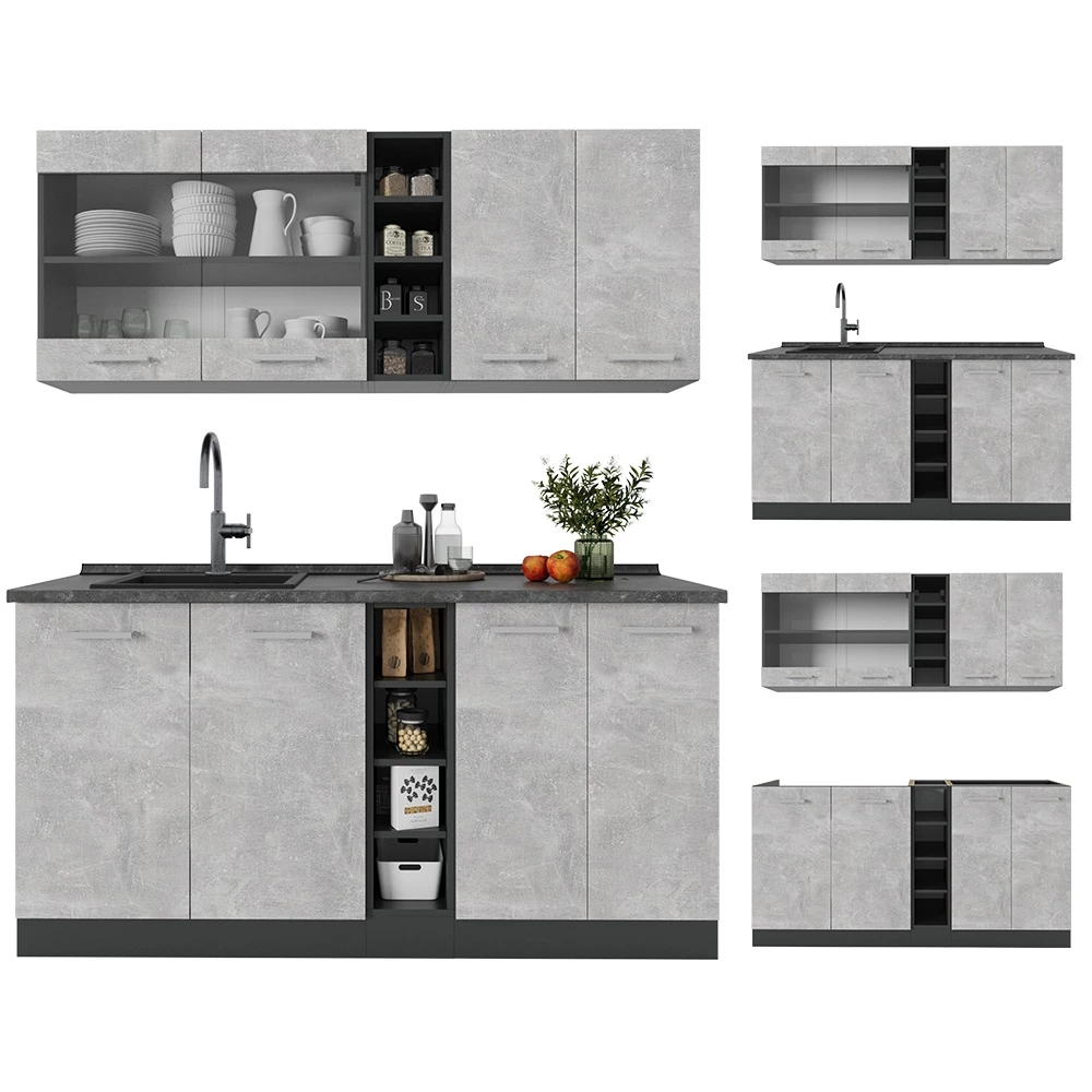 Eenpersoonskeuken in Beton/antraciet on white background with decorative elements