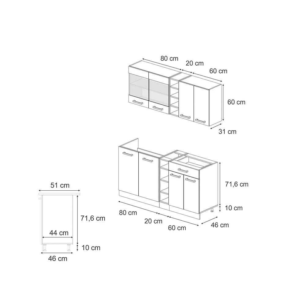 Eenpersoonskeuken in Edel grijs/antraciet on white background with visible dimensions
