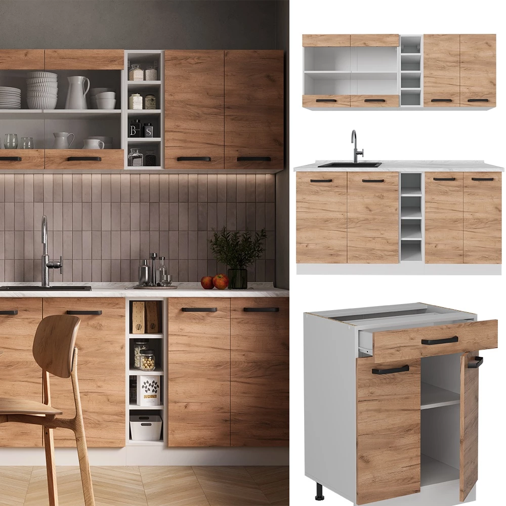 Singleküche in Goldkraft Eiche/Weiß, dargestellt im Ambiente und auf weißem Hintergrund