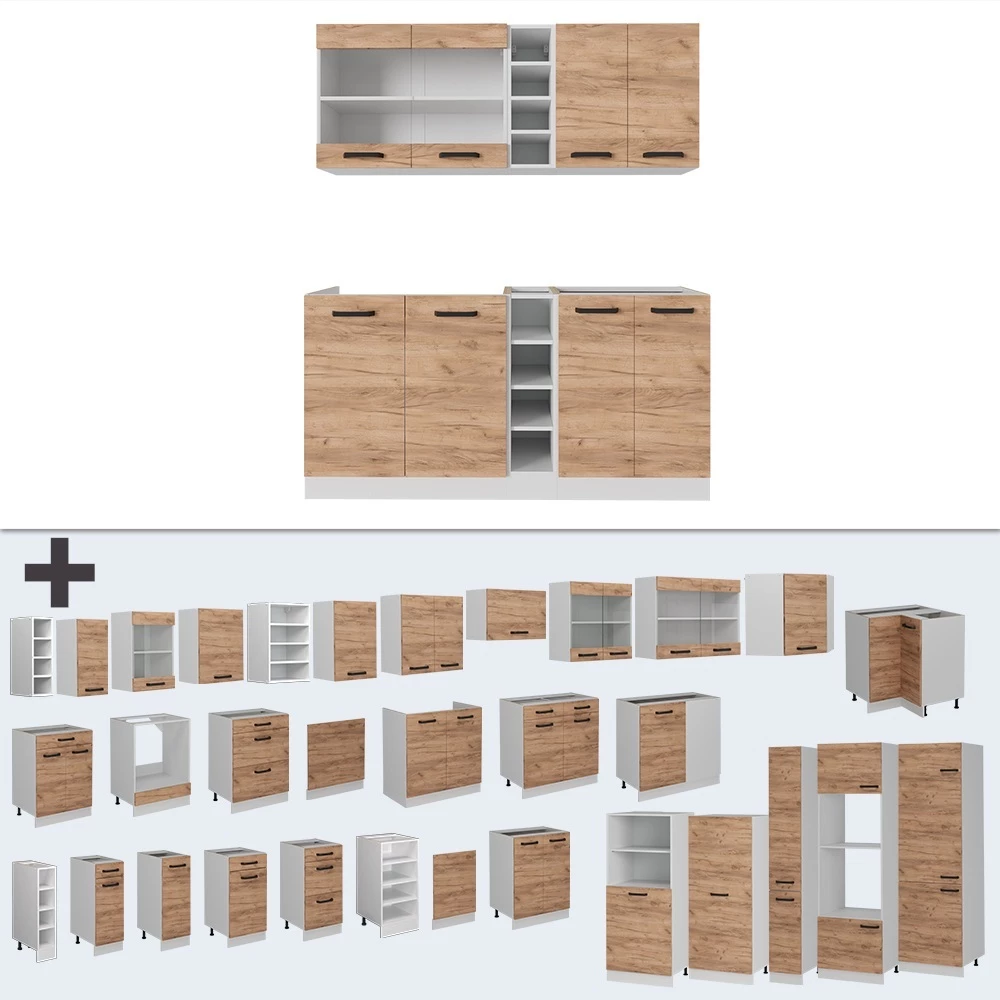 Nahaufnahme von Singleküche in Goldkraft Eiche/Weiß, zeigt Design- und Oberflächendetails