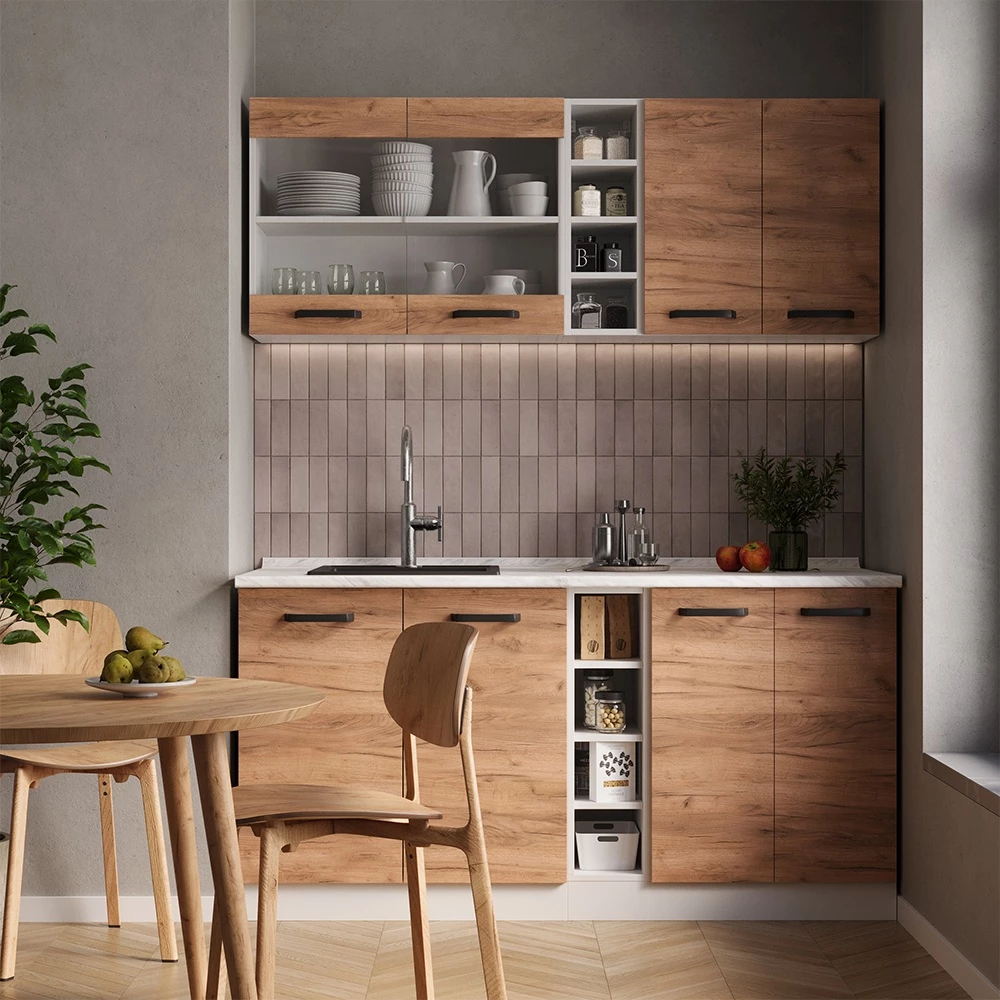 Cocina versátil en Oro potencia roble/blanco sobre fondo blanco