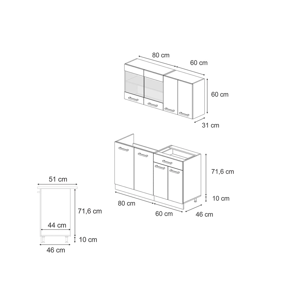 Cuisine en Béton/force d'or Chêne sur fond blanc avec dimensions visibles