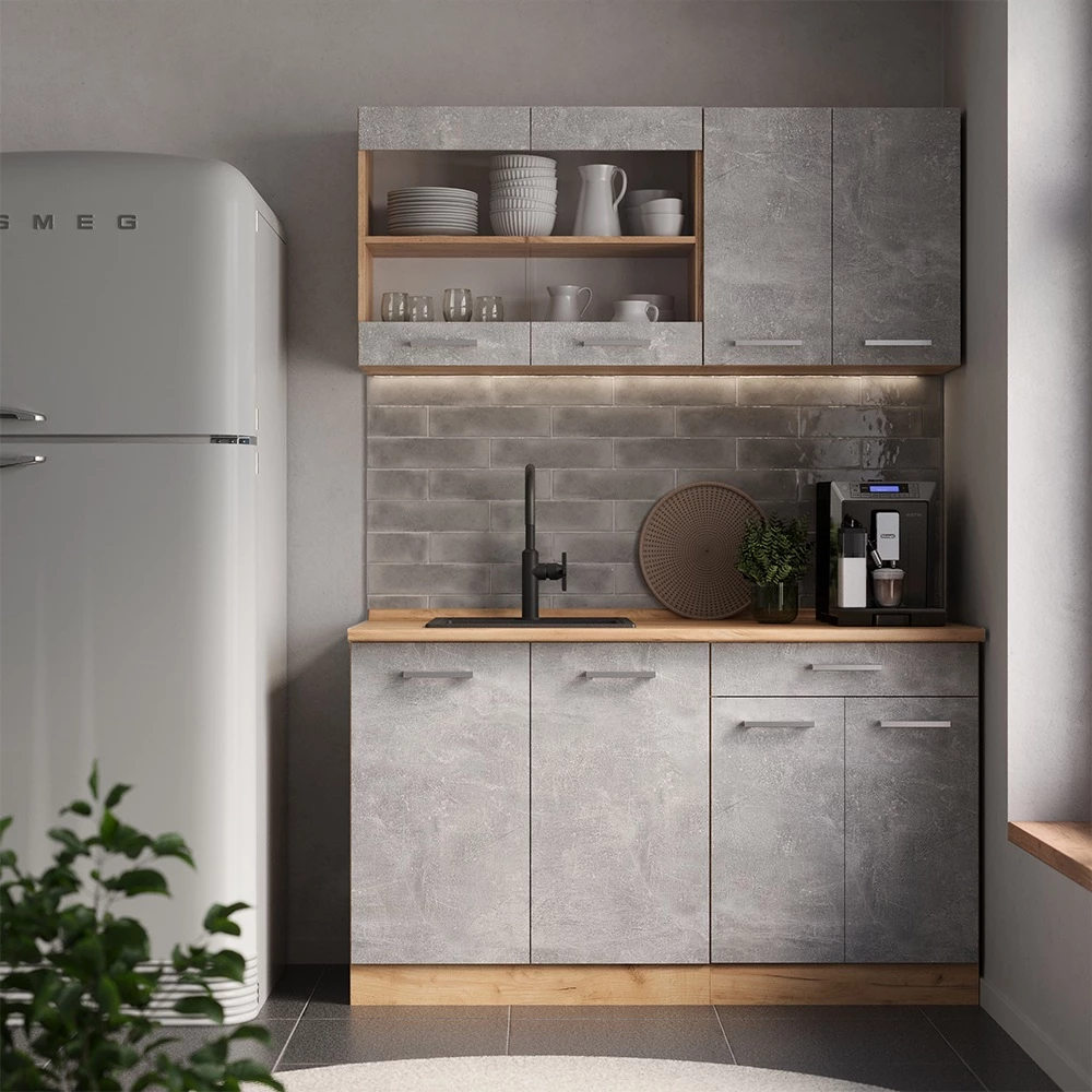 Cuisine en Béton/force d'or Chêne, présenté dans un décor ambiant avec décoration