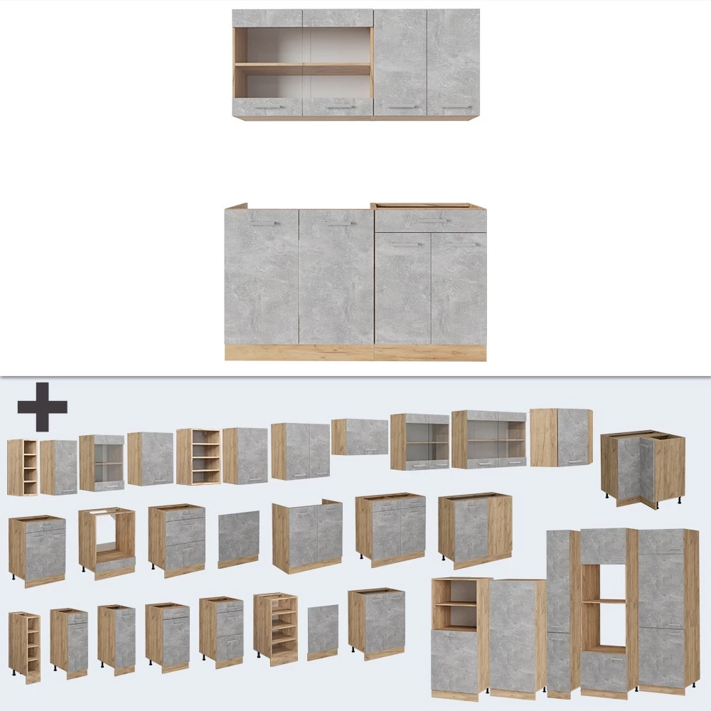 Gros plan de Cuisine en Béton/force d'or Chêne, montrant le design et les détails de surface