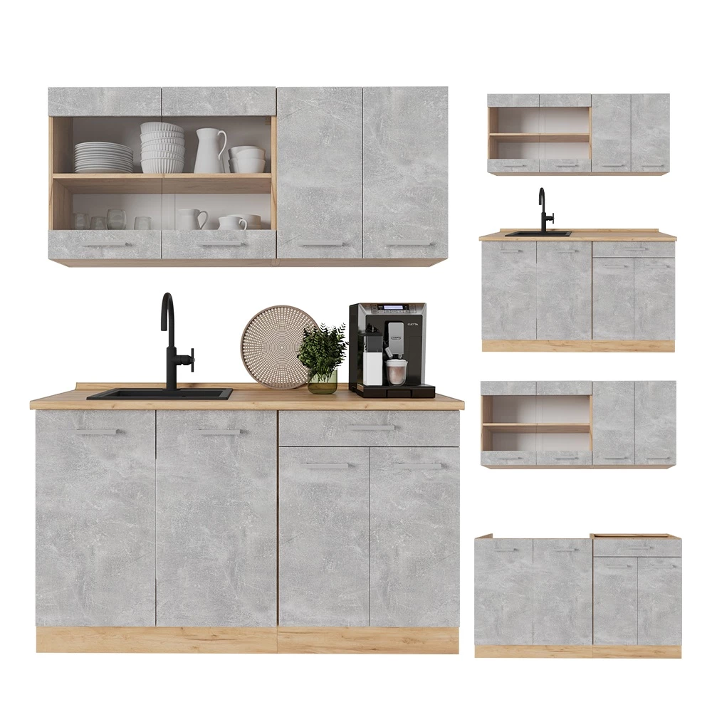 Cuisine en Béton/force d'or Chêne sur fond blanc avec des éléments décoratifs
