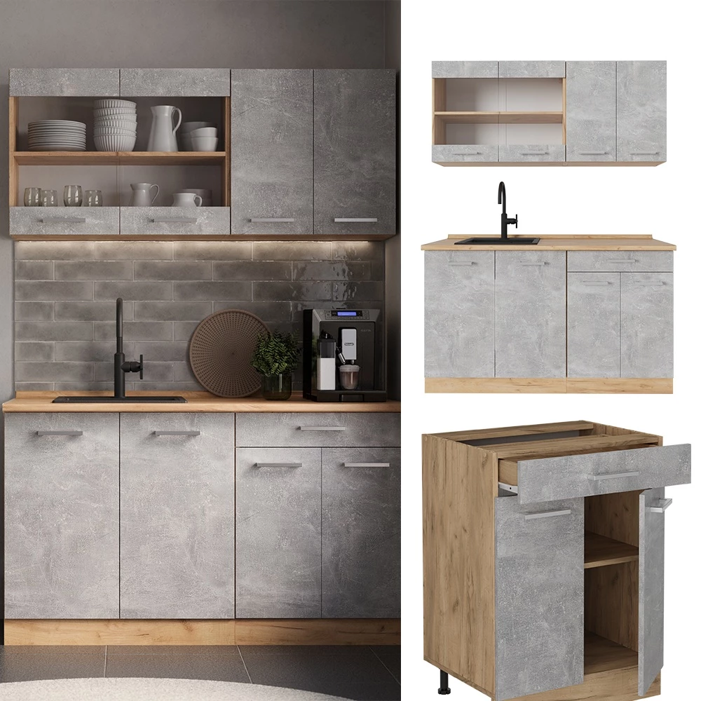 Cuisine en Béton/force d'or Chêne, présenté dans un décor ambiant et sur fond blanc