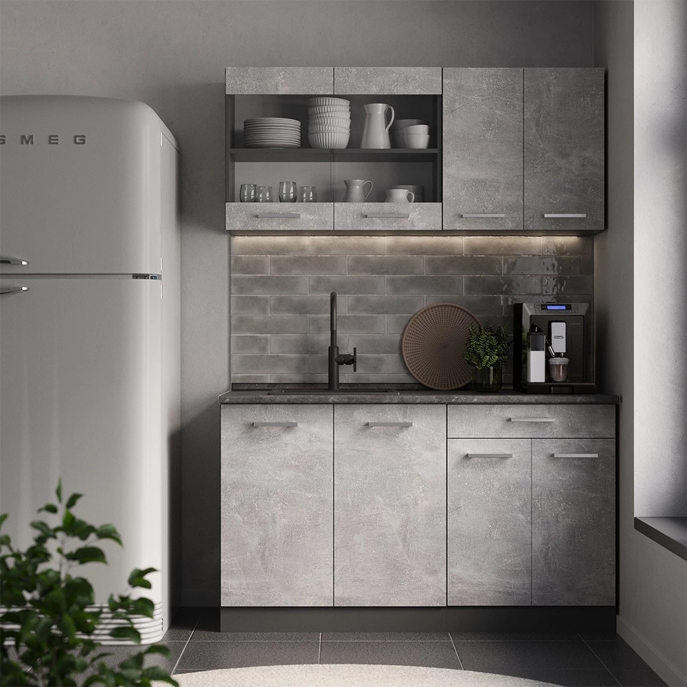 Cucina monoblocco in Calcestruzzo/antracite su sfondo bianco