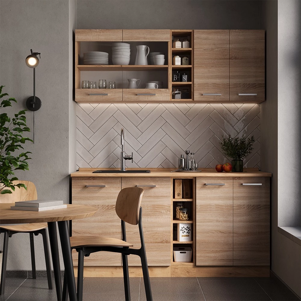 Cucina completa in Rovere Sonoma/Goldkraft su sfondo bianco