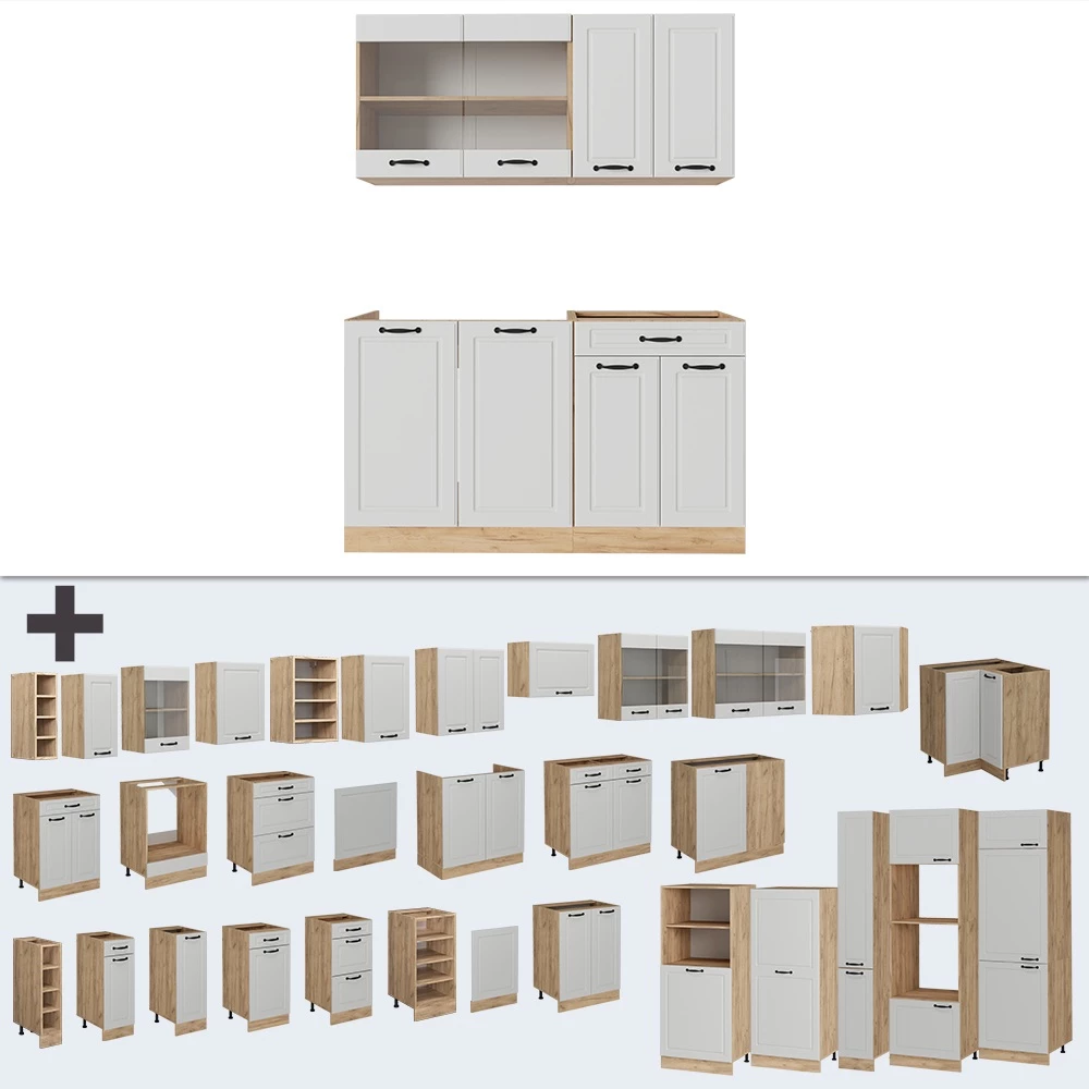 Nahaufnahme von Küchenzeile in Weiß Landhaus/Goldkraft Eiche, zeigt Design- und Oberflächendetails