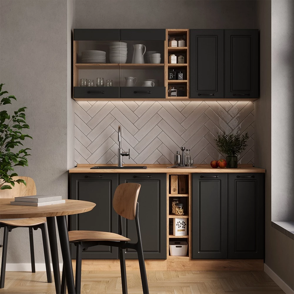 Yhden hengen keittiö in Antrasiitti maalaistalo/kultainen tammi on white background