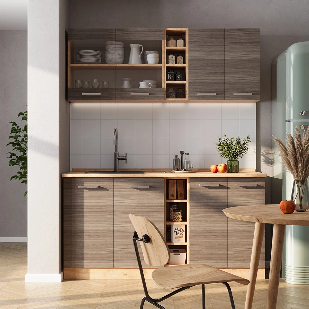 Jednolôžková kuchyňa in Ušľachtilý sivý/zlatý dub on white background