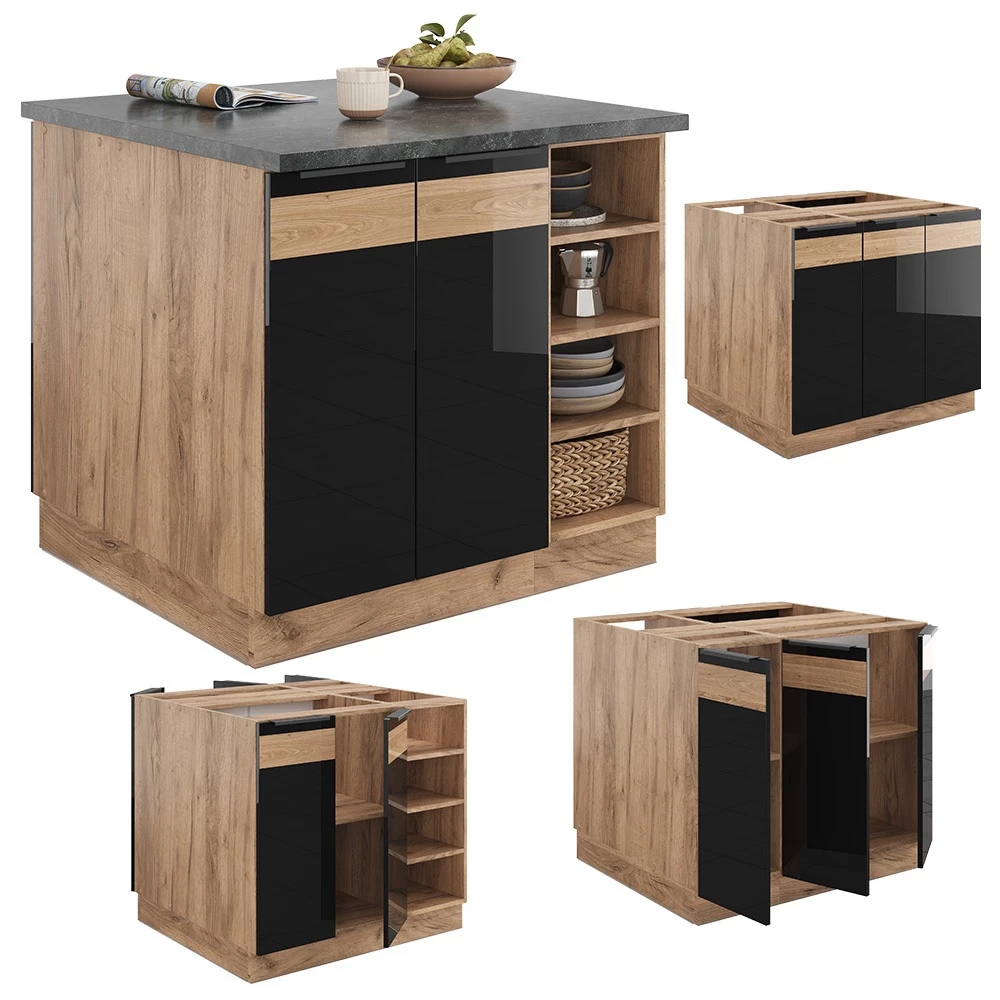 Isola cucina Fame-Line Rovere nero lucido/oro power oak 90 cm Senza piano di lavoro Vicco