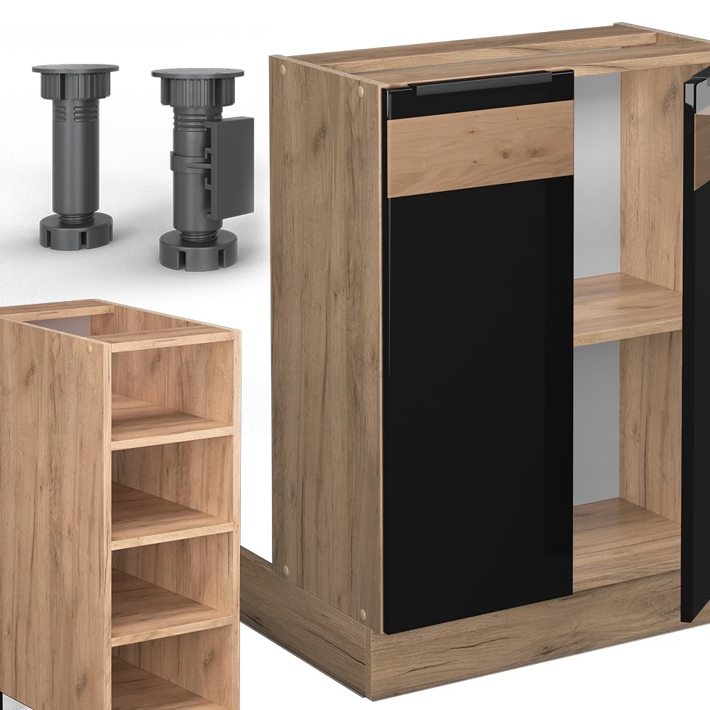 Close-up of Isola cucina in Rovere nero lucido/oro power oak, showing texture/details