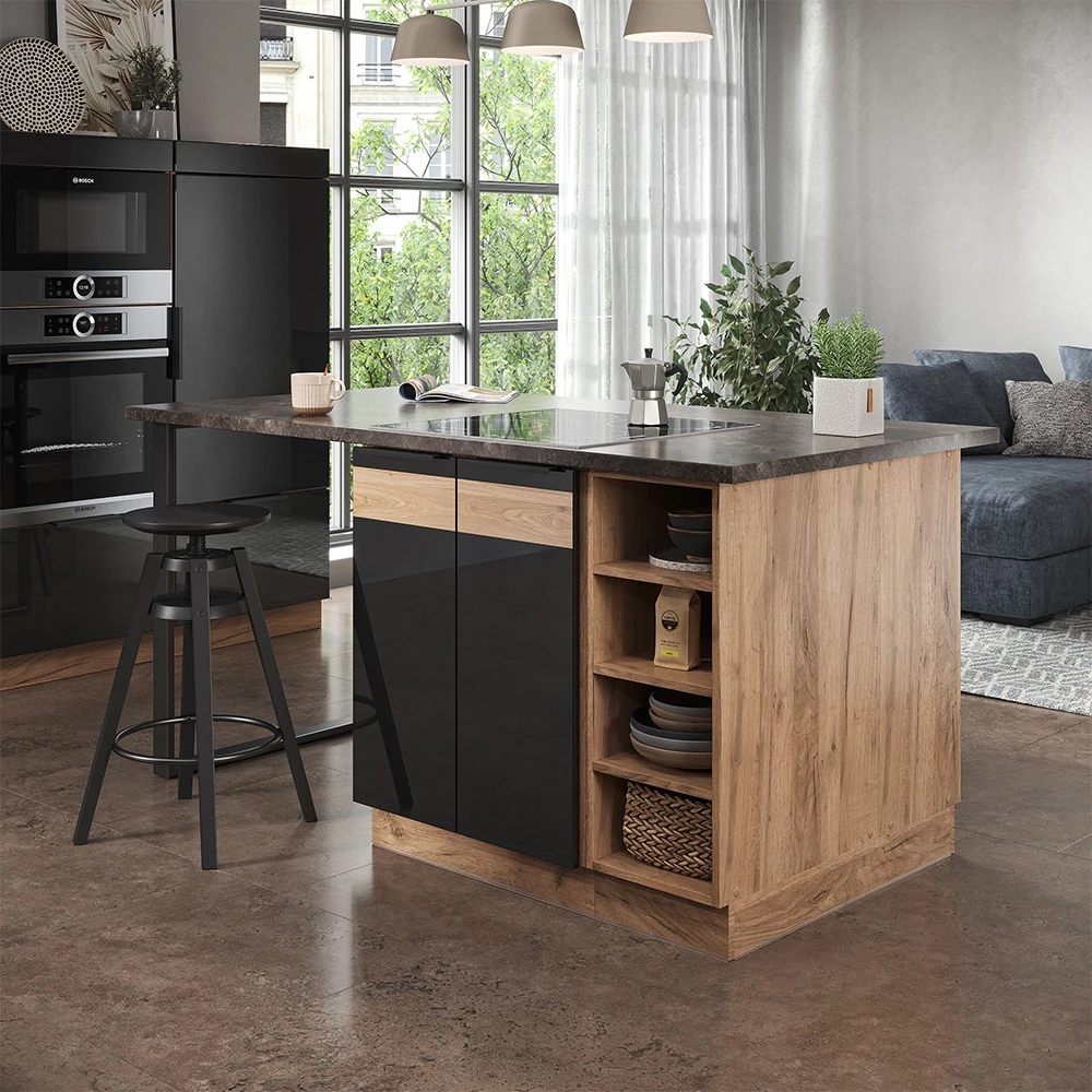 Isola cucina in Rovere nero lucido/oro power oak shown in ambient setting with decoration
