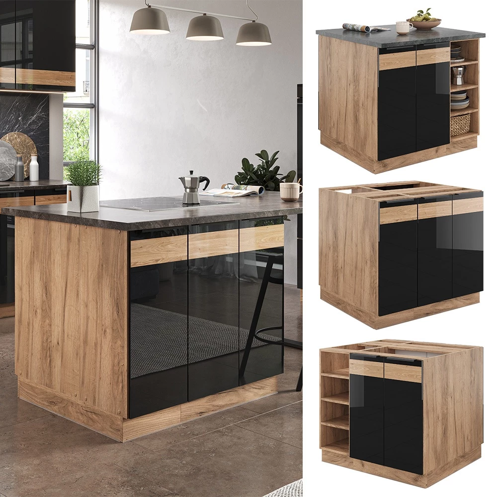 Isola cucina in Rovere nero lucido/oro power oak, shown in ambient setting and on white background