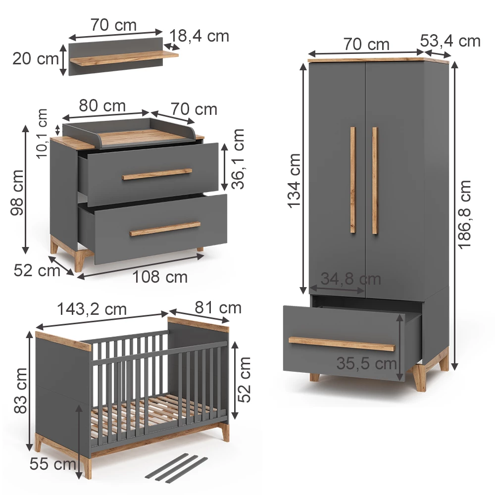 Kinderzimmer-Set in Grau/Eiche auf weißem Hintergrund mit sichtbaren Maßen