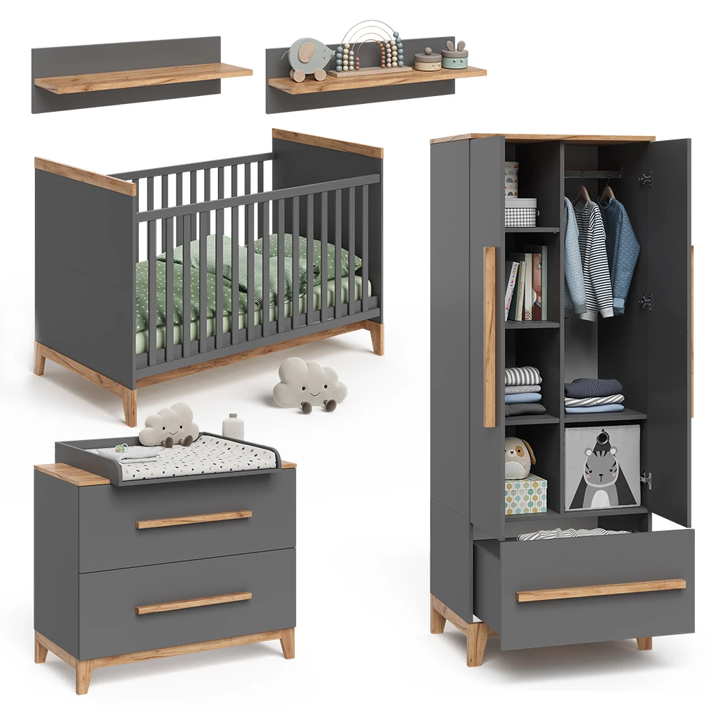 Kinderzimmer-Set in Grau/Eiche auf weißem Hintergrund mit dekorativen Elementen