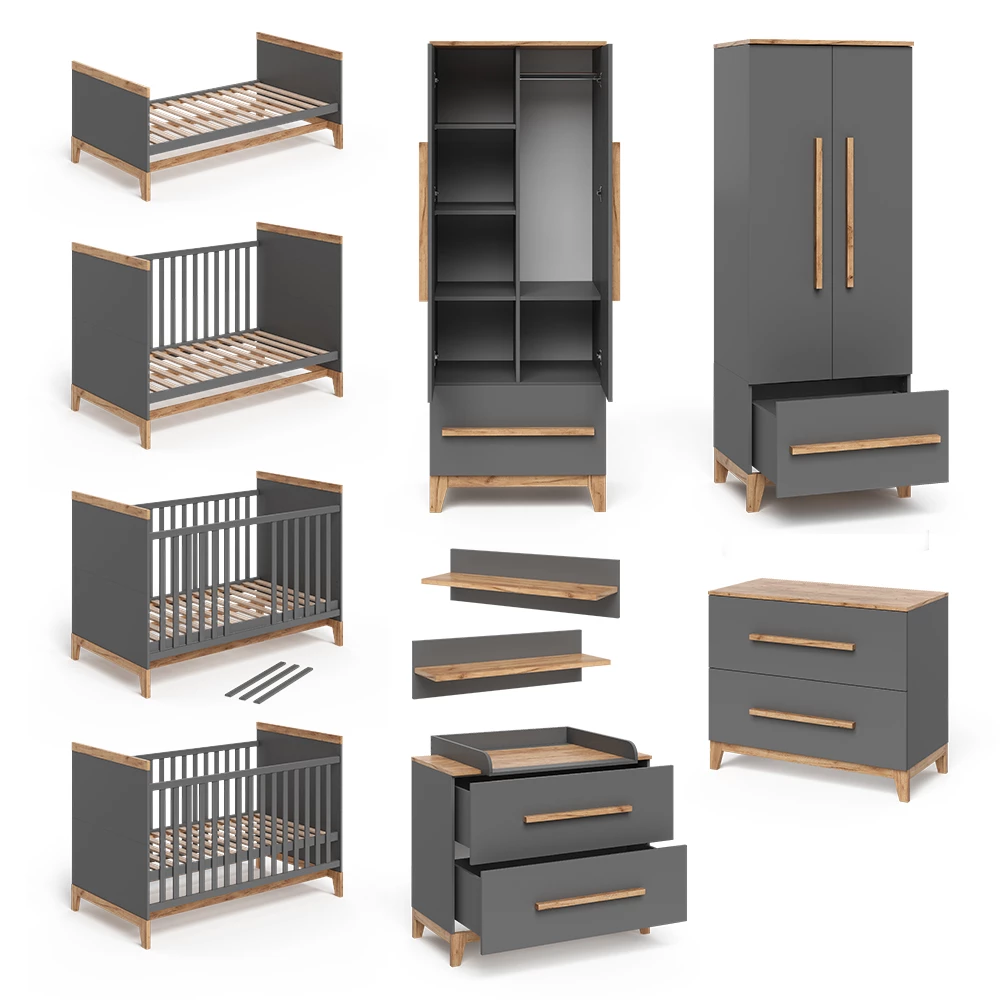 Nahaufnahme von Kinderzimmer-Set in Grau/Eiche, zeigt Design- und Oberflächendetails