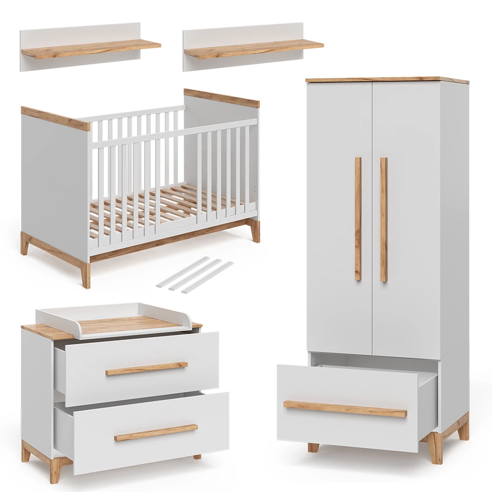 Kinderzimmer-Set in Weiß/Eiche auf weißem Hintergrund
