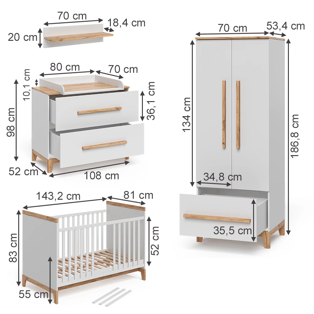 Kinderzimmer-Set in Weiß/Eiche auf weißem Hintergrund mit sichtbaren Maßen