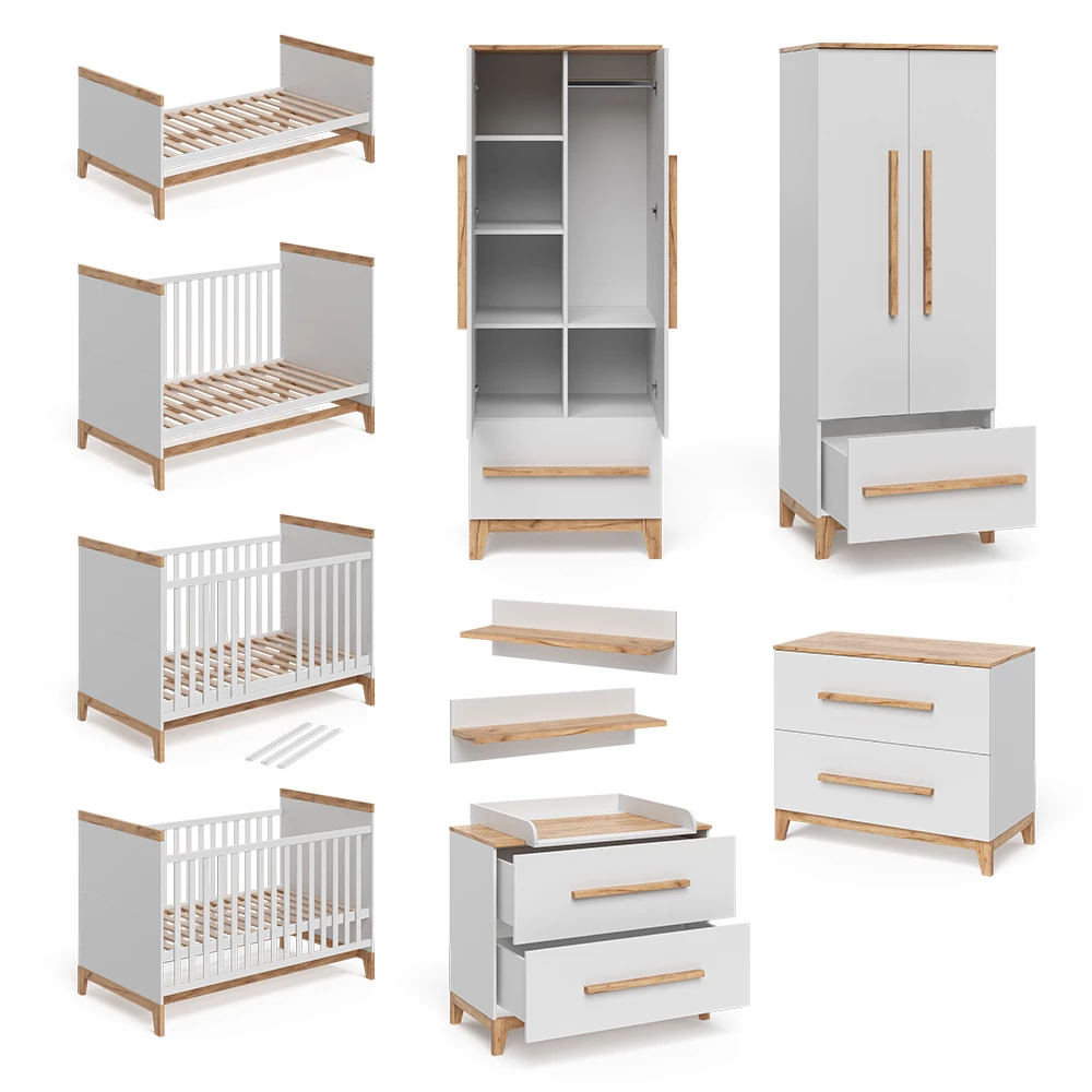 Nahaufnahme von Kinderzimmer-Set in Weiß/Eiche, zeigt Design- und Oberflächendetails