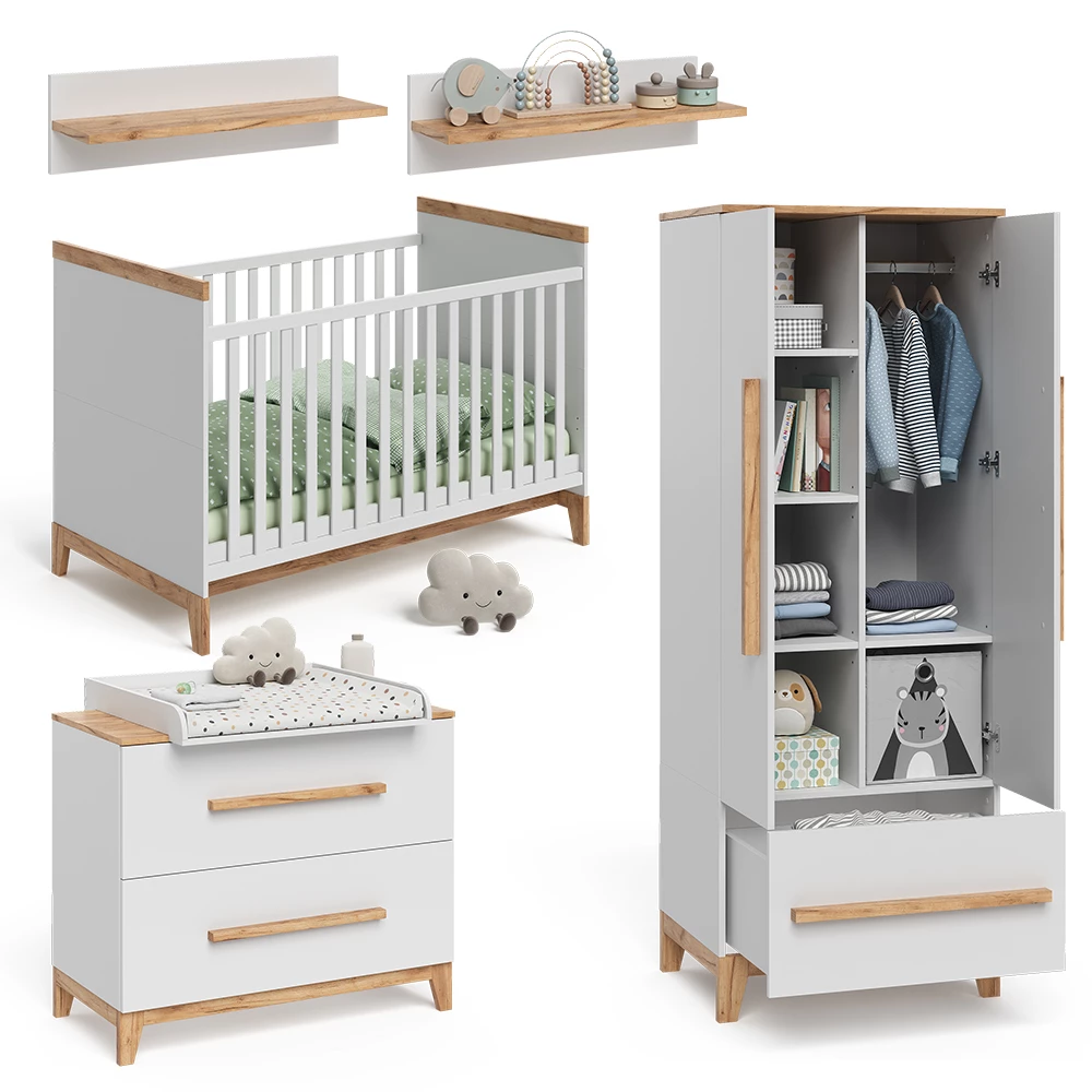 Kinderzimmer-Set in Weiß/Eiche auf weißem Hintergrund mit dekorativen Elementen