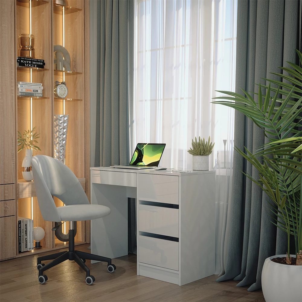 Birou in Alb lucios ridicat shown in ambient setting with decoration