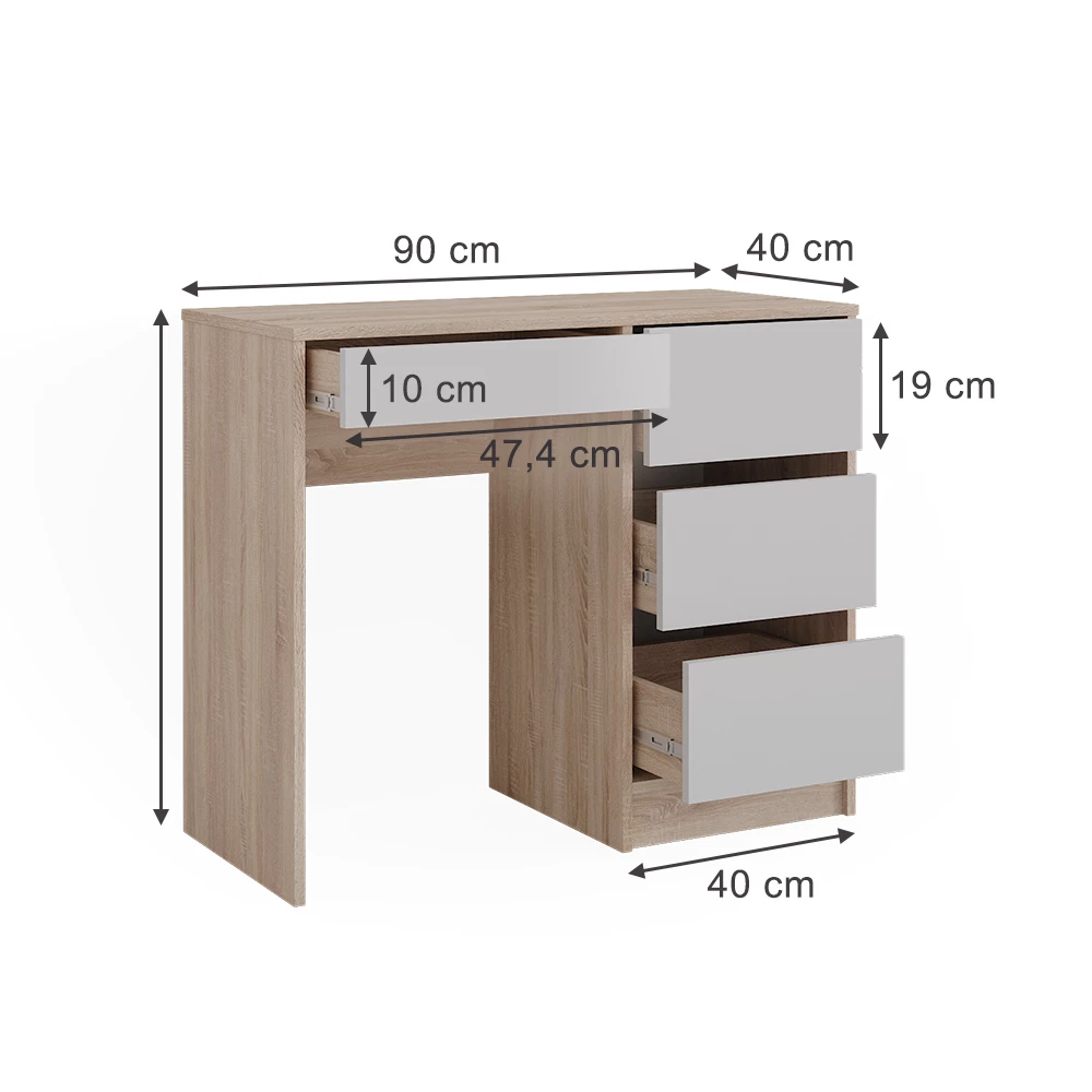 Schreibtisch in Weiß/Sonoma auf weißem Hintergrund mit sichtbaren Maßen