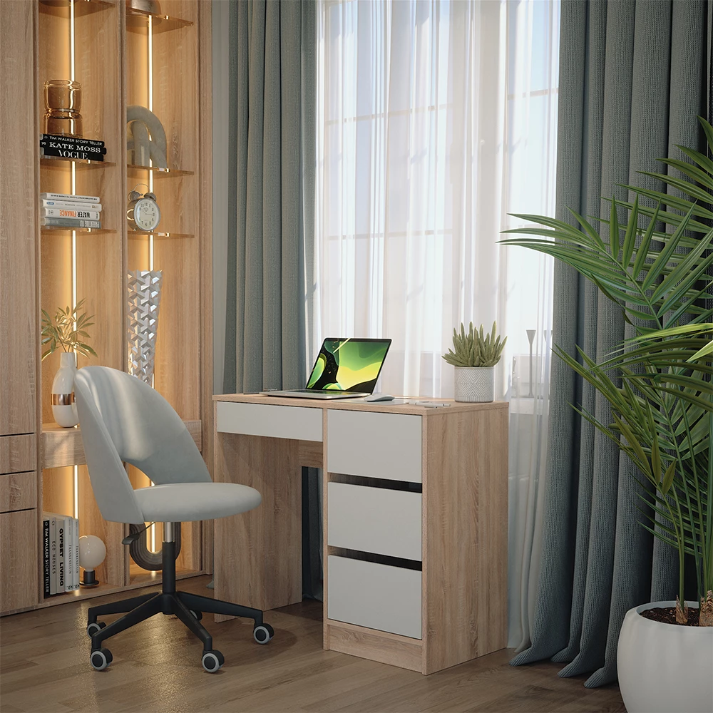 Schreibtisch in Weiß/Sonoma, dargestellt im Ambiente mit Dekoration
