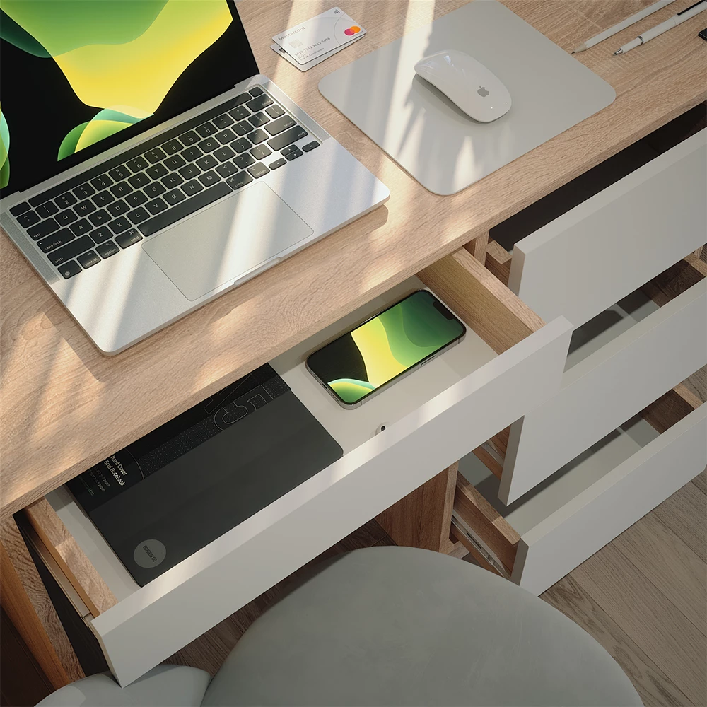 Nahaufnahme von Schreibtisch in Weiß/Sonoma, zeigt Textur/Details