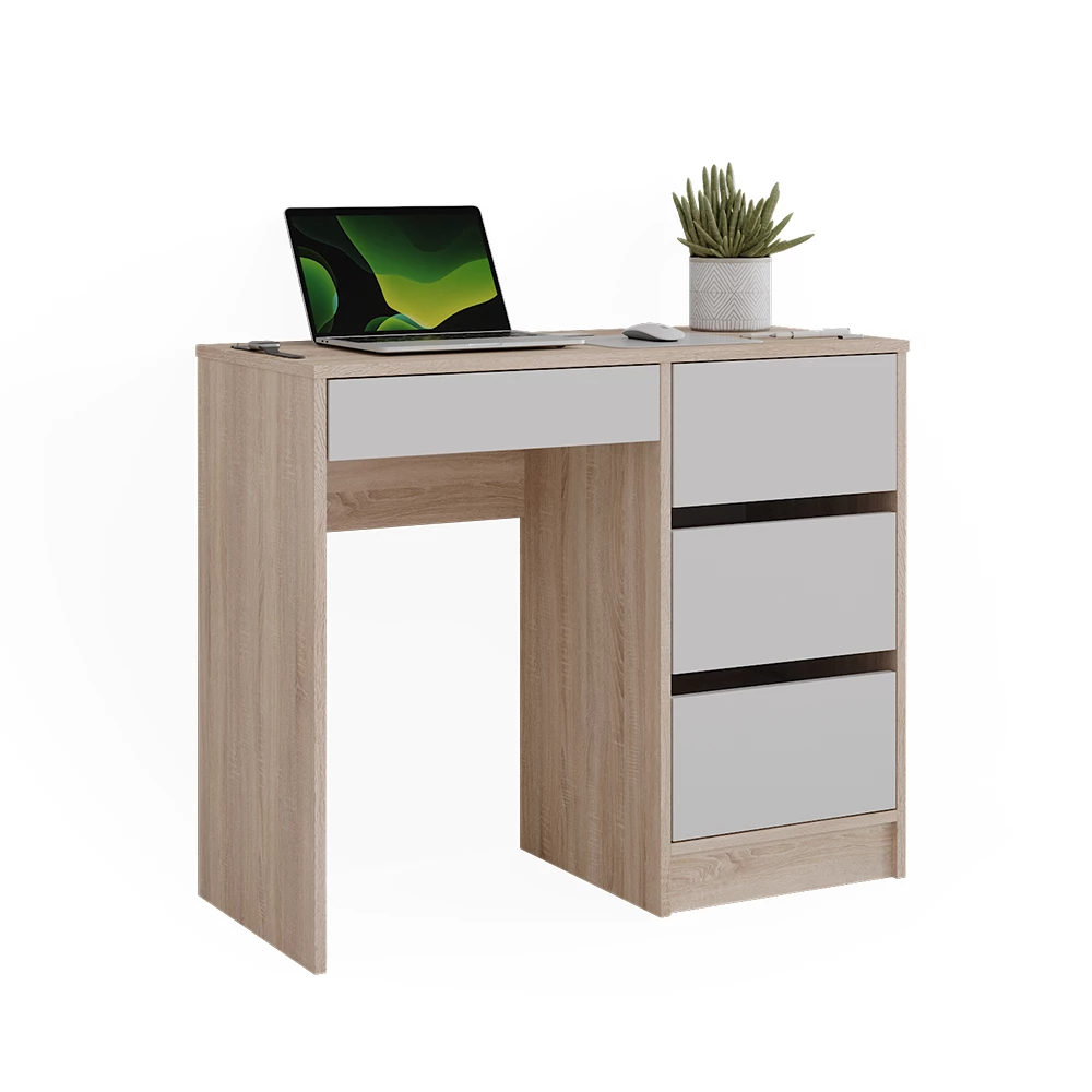 Schreibtisch in Weiß/Sonoma auf weißem Hintergrund mit dekorativen Elementen