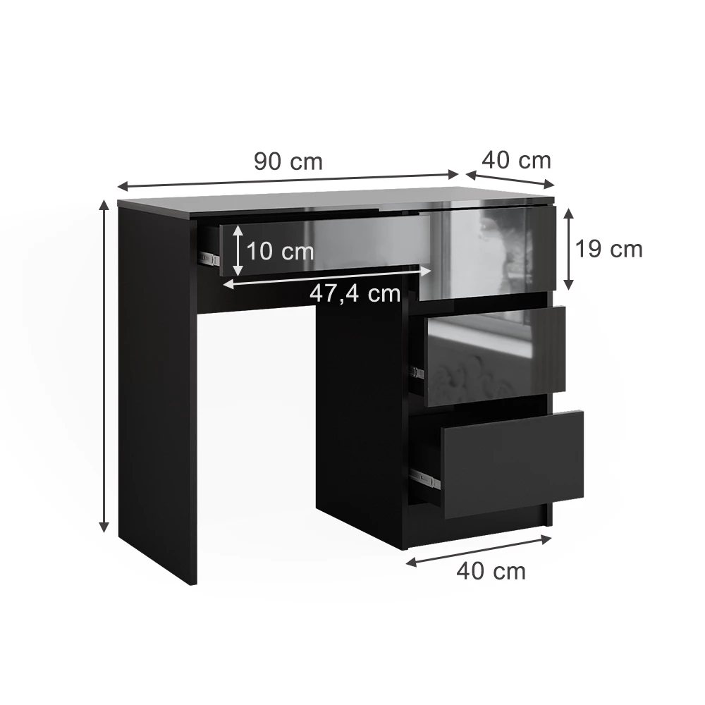 Schreibtisch in Anthrazit Hochglanz auf weißem Hintergrund mit sichtbaren Maßen