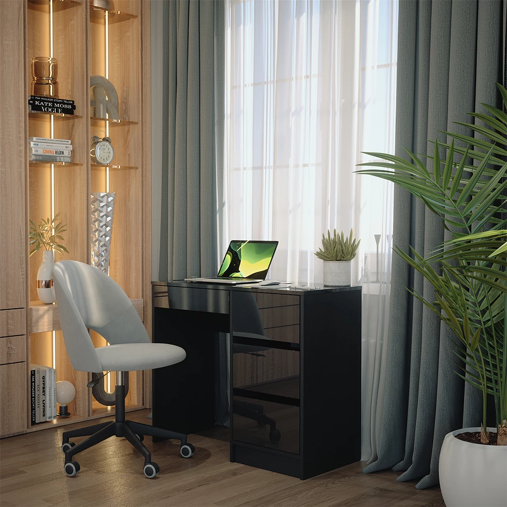 Schreibtisch in Anthrazit Hochglanz, dargestellt im Ambiente mit Dekoration