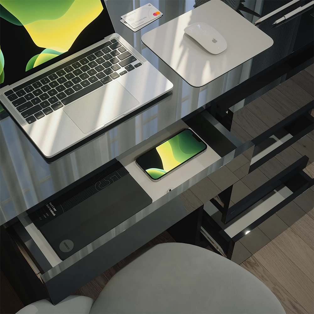 Nahaufnahme von Schreibtisch in Anthrazit Hochglanz, zeigt Textur/Details