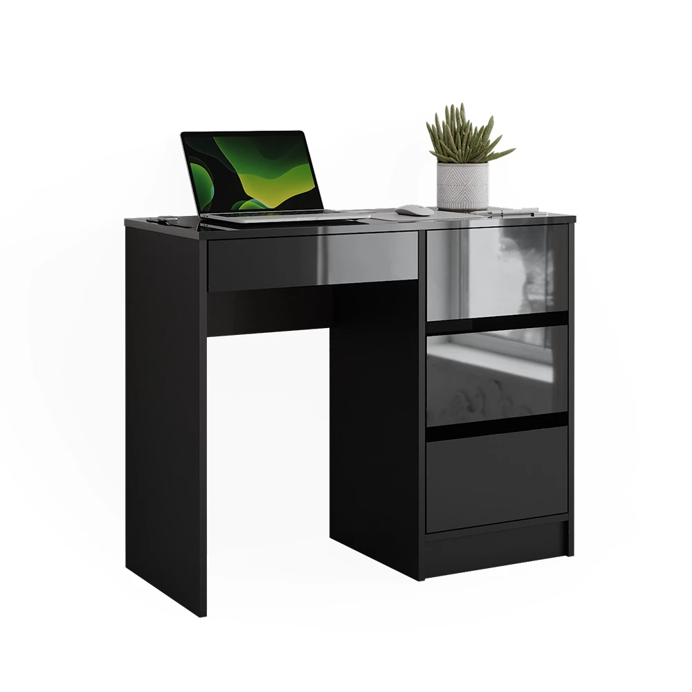 Schreibtisch in Anthrazit Hochglanz auf weißem Hintergrund mit dekorativen Elementen