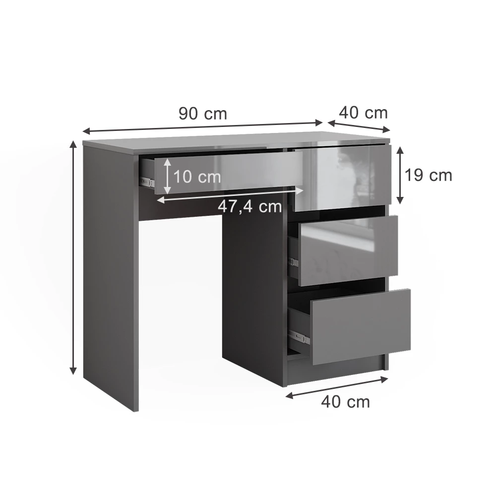 Schreibtisch in Grau Hochglanz auf weißem Hintergrund mit sichtbaren Maßen