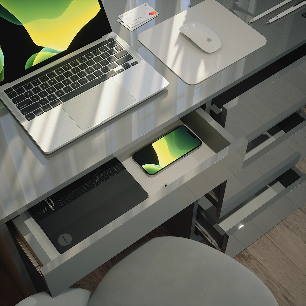 Nahaufnahme von Schreibtisch in Grau Hochglanz, zeigt Textur/Details