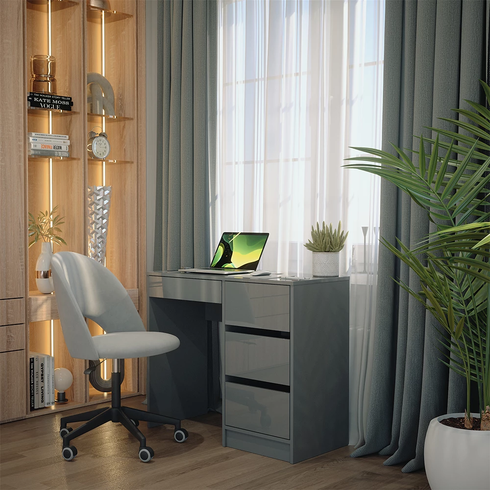 Schreibtisch in Grau Hochglanz, dargestellt im Ambiente mit Dekoration